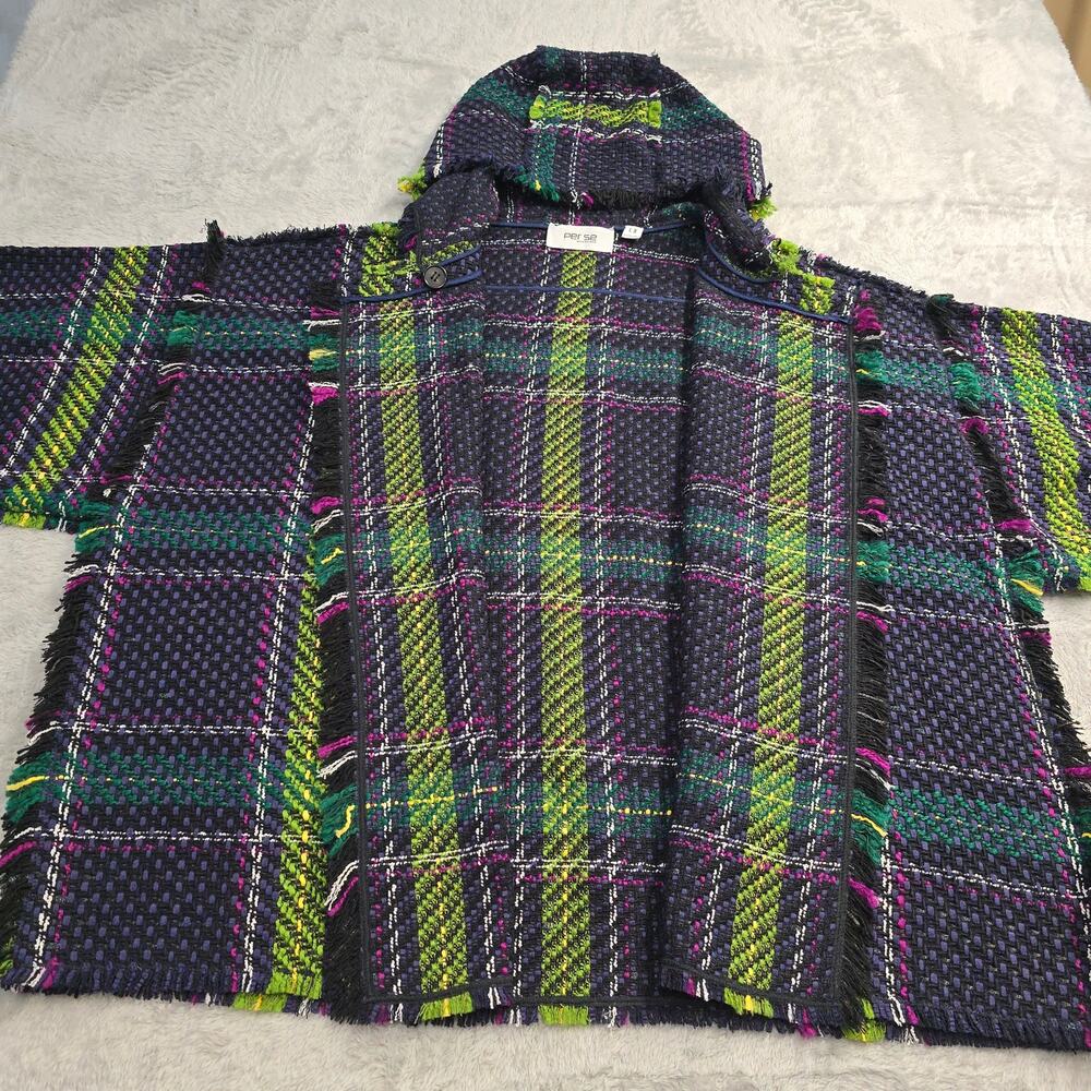 Per Se Carlisle Plaid Tweed Hooded Jacket XL Fringe Artsy Lagenlook Wool Blend
